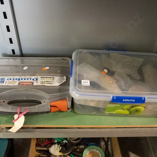 Plastic organiser & container containg bolts, eletrical clips etc and additional plastic box and items