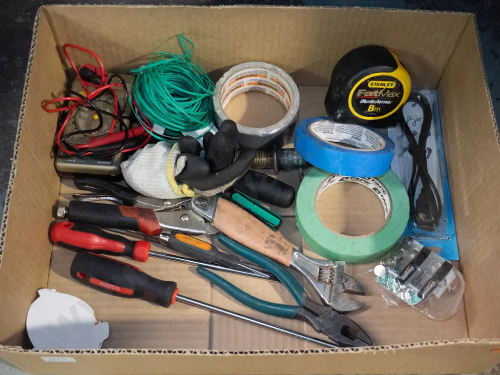 Box of various items, tapes, gloves, voltmeter etc Image 1++