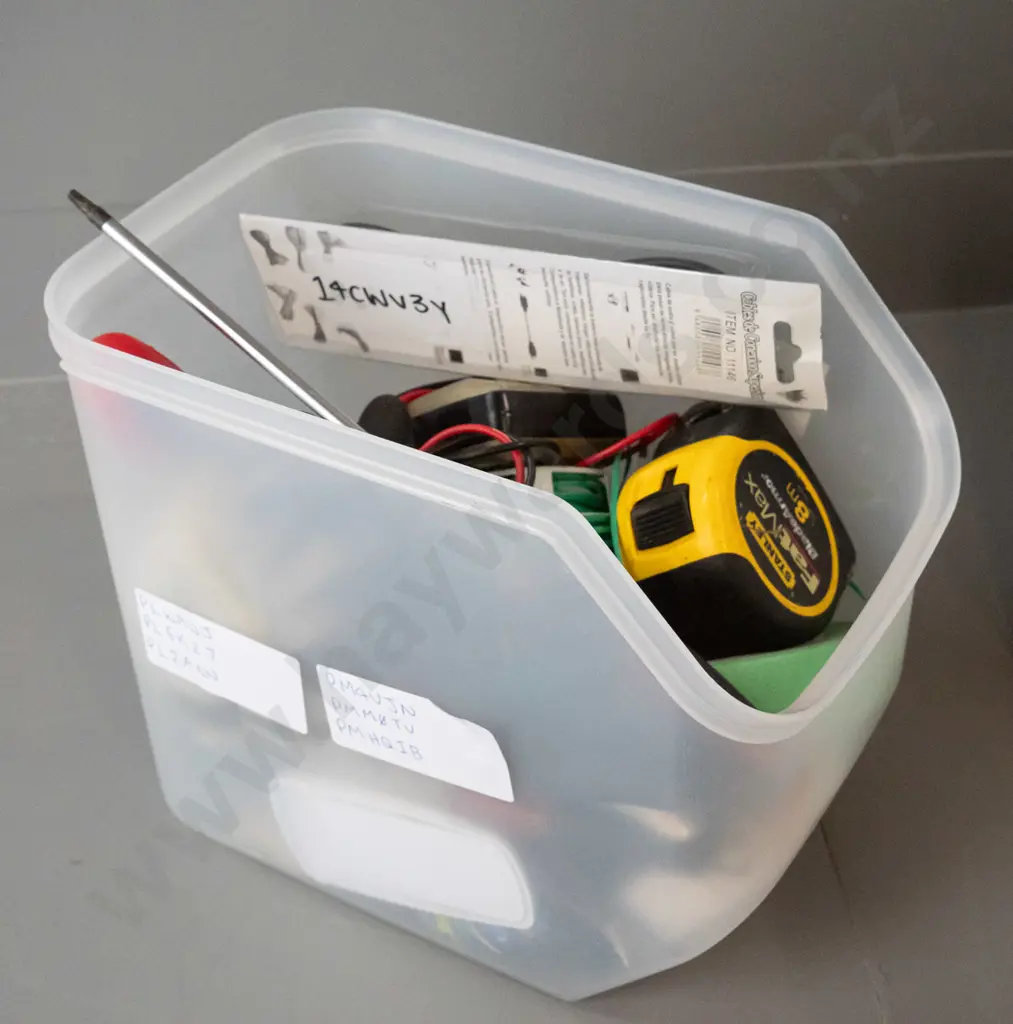 Box of various items, tapes, gloves, voltmeter etc Image 1++