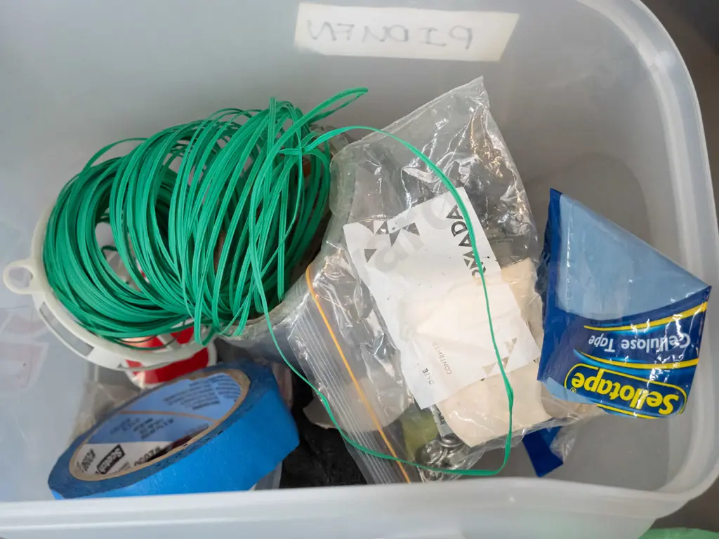 Box of various items, tapes, gloves, voltmeter etc Image 1++