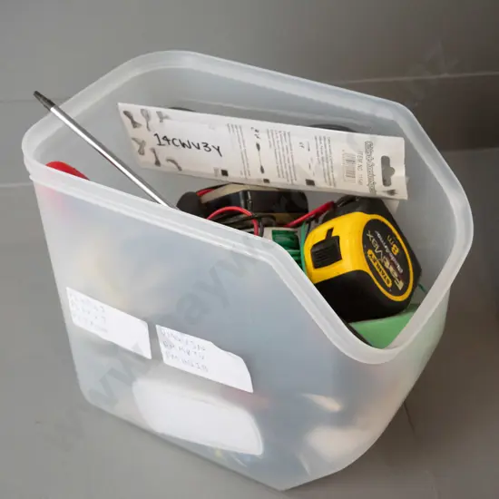 Box of various items, tapes, gloves, voltmeter etc