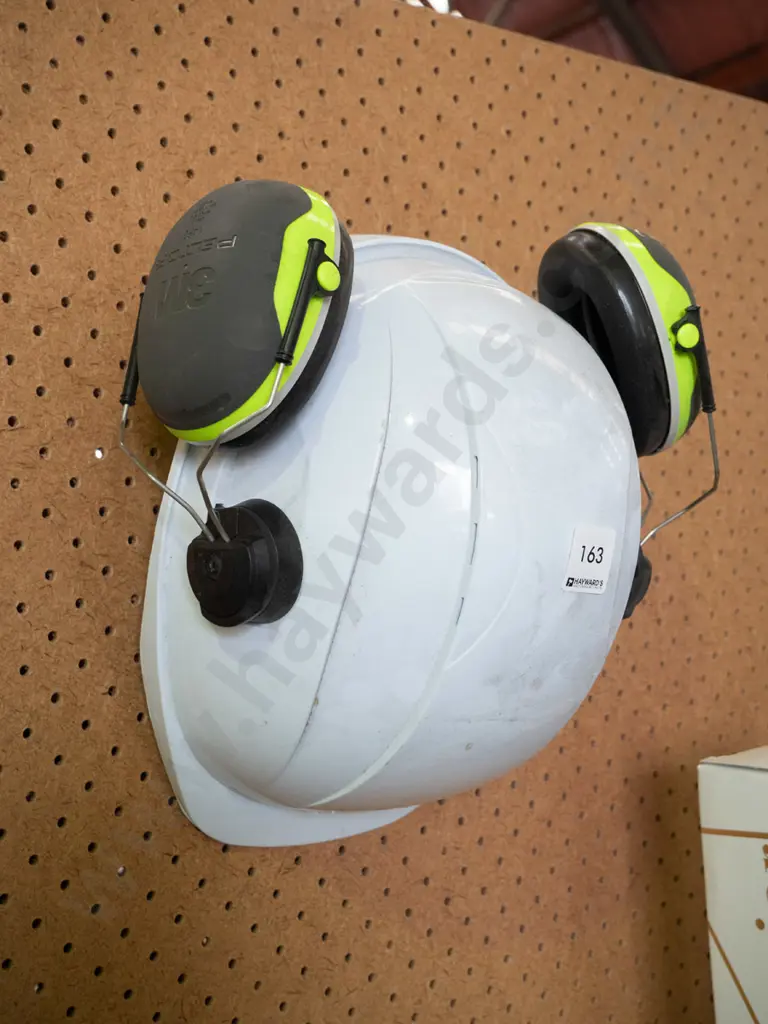 White Hard Hat with Grey & Green Ear Muffs Attached  Image 1++