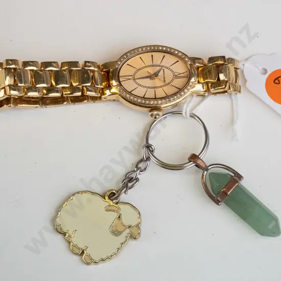 gold watch and sheep/green stone keyring 