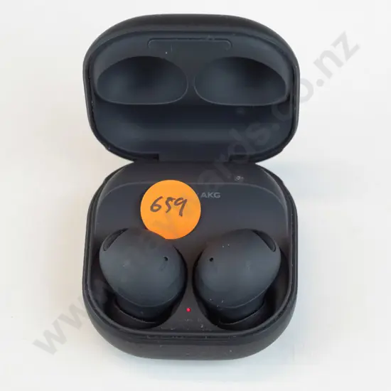 Black Samsung wireless earbuds in case.