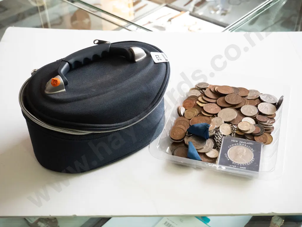 1 x Blue make up bag, various international coins Image 1++