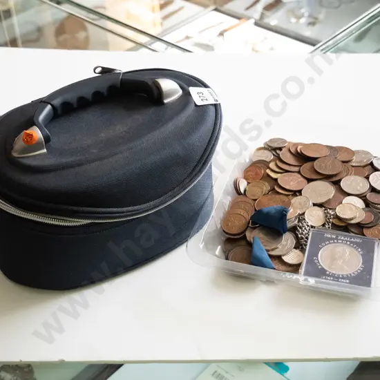 1 x Blue make up bag, various international coins