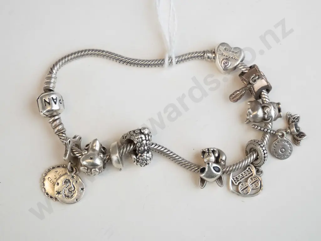 Silver Pandora Charm Bracelet with multiple charms. Image 1++