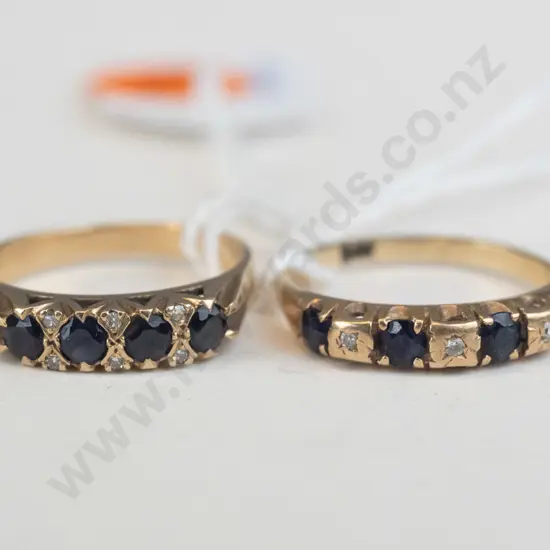 2 9ct gold rings with 4 blue stones