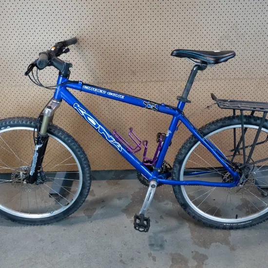 Blue Kona Bike with two purple cupholders and bag rack on back