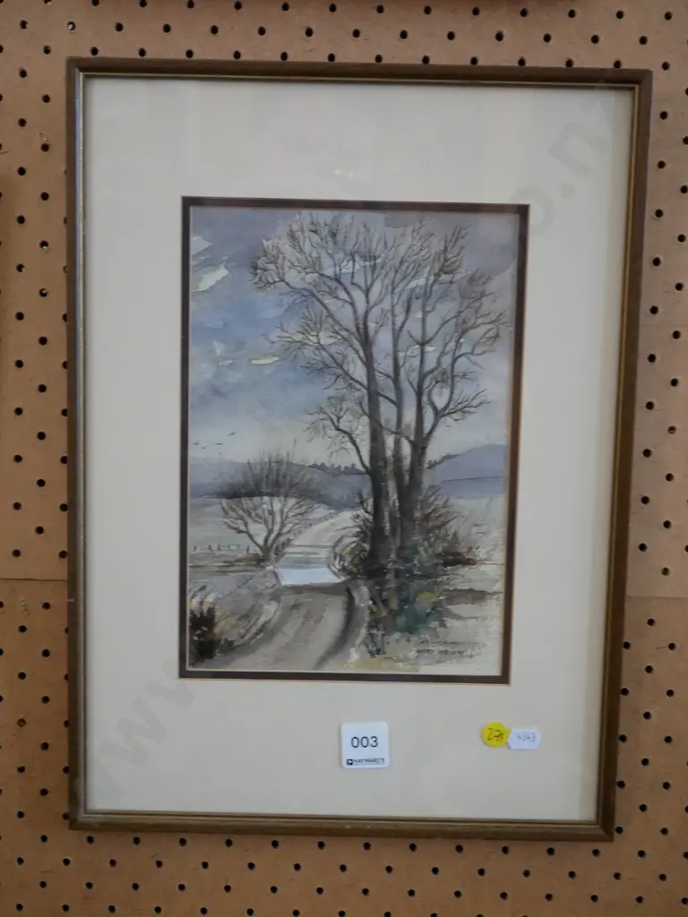 Mary Wright framed watercolour - trees by bridge Image 1++