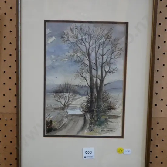 Mary Wright framed watercolour - trees by bridge