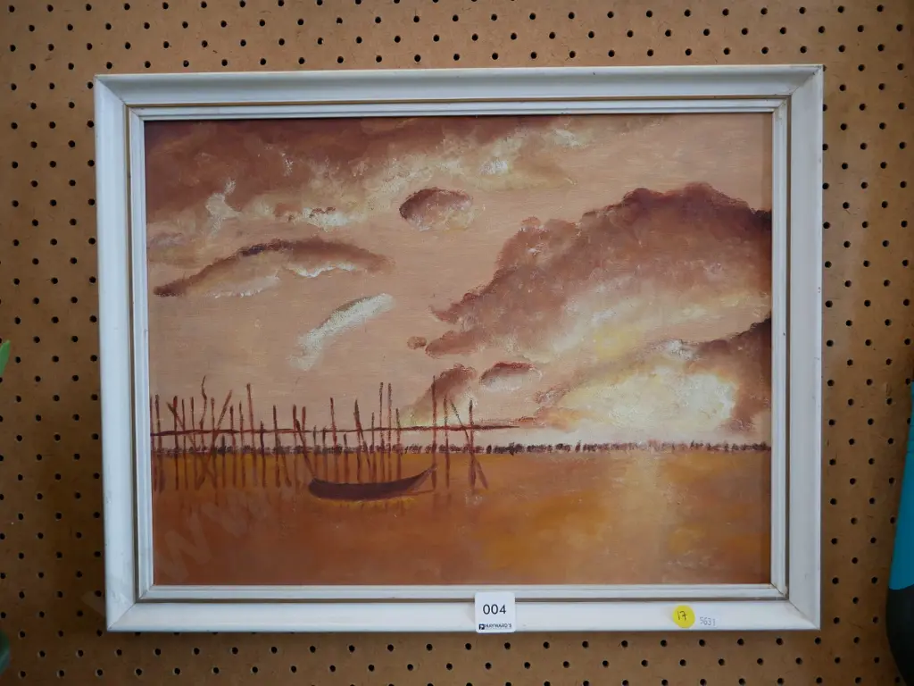 framed oil on board - boat on water Image 1++