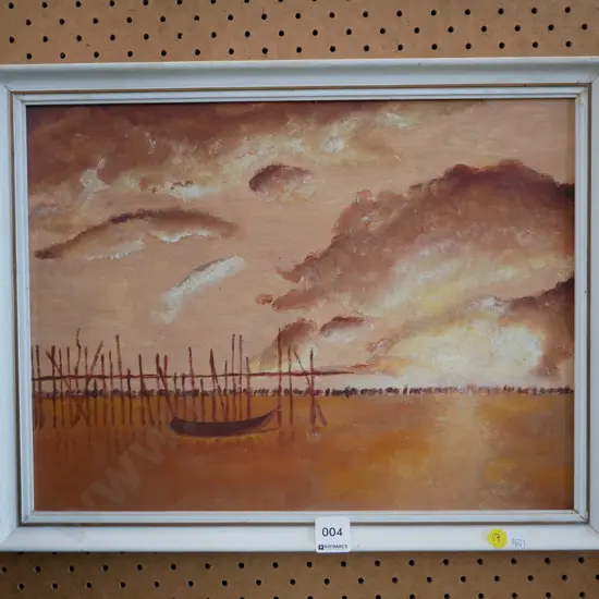 framed oil on board - boat on water