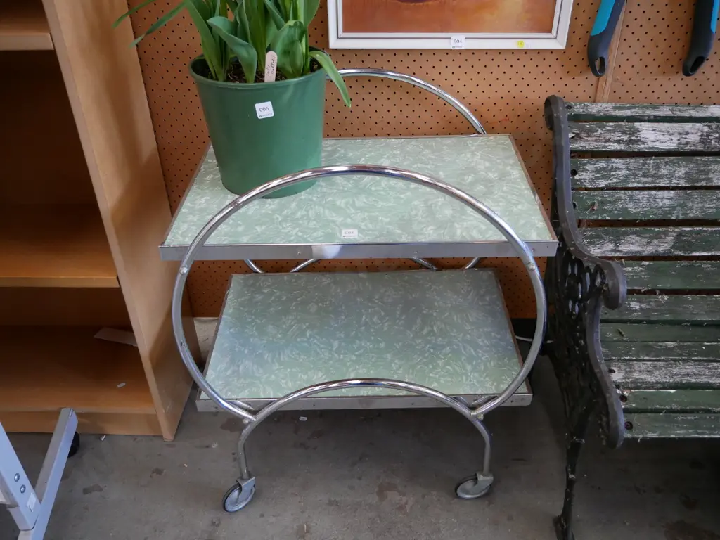 deco chrome and formica two tier tea trolley - some tarnishing to chrome Image 1++