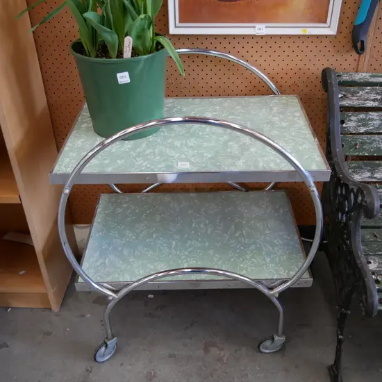 deco chrome and formica two tier tea trolley - some tarnishing to chrome