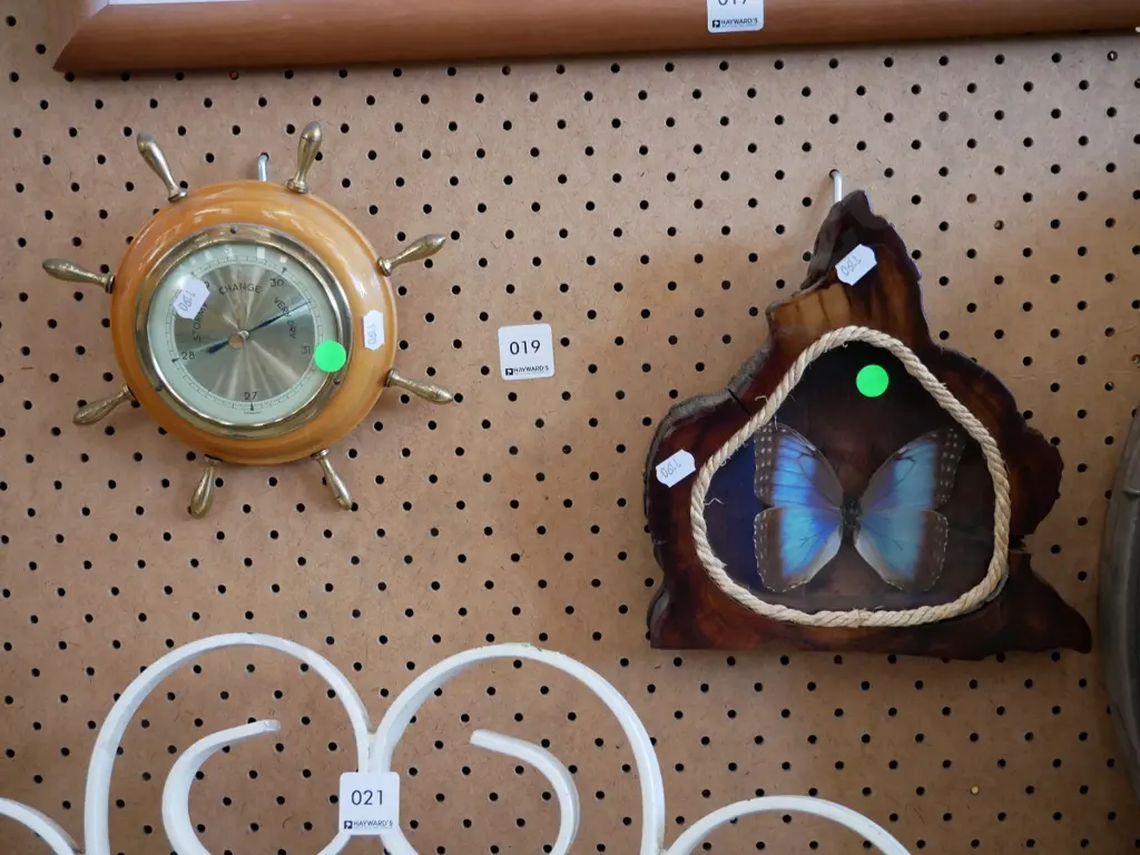 ships wheel barometer and large butterfly behind glass - green dots Image 1++