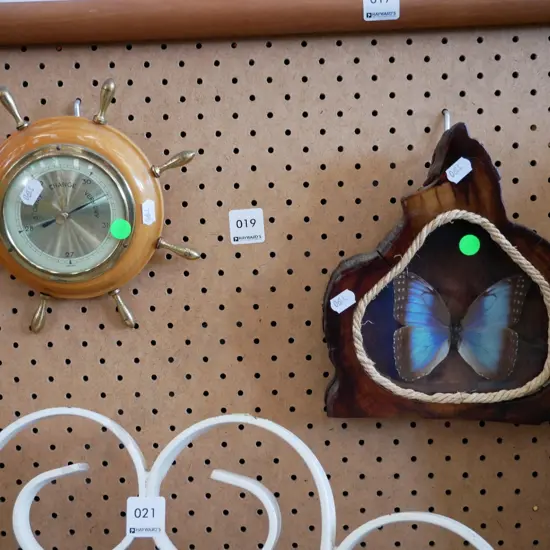 ships wheel barometer and large butterfly behind glass - green dots