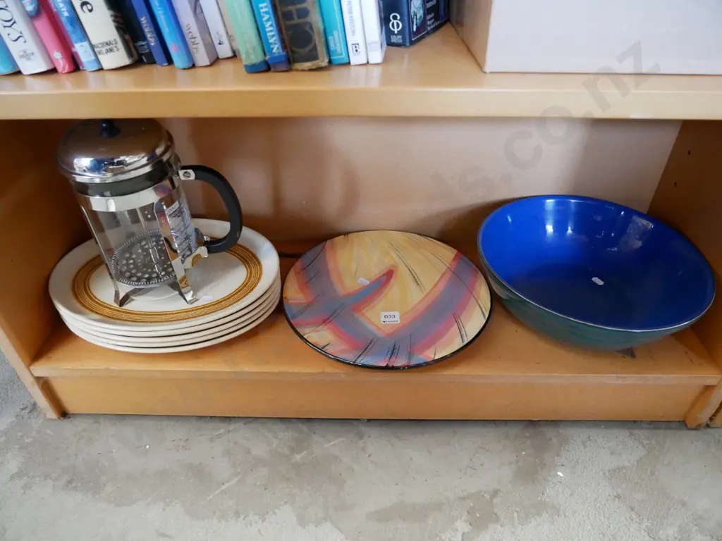 large Denby bowl, studio pottery plate, Crown Lynn steak plates and coffee plunger Image 1++