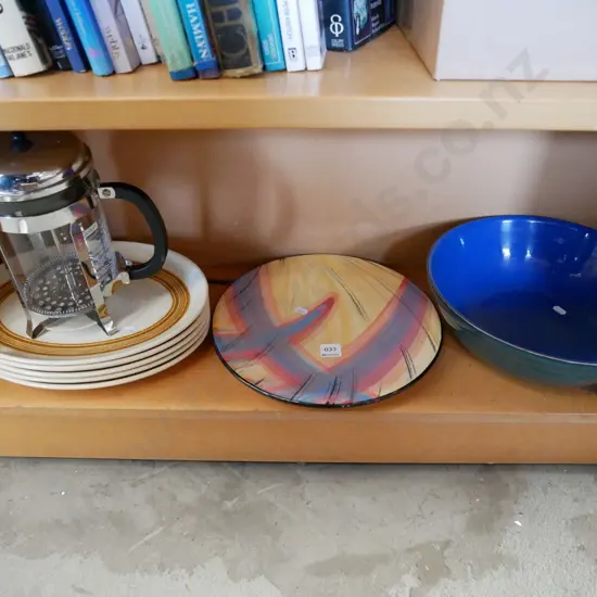 large Denby bowl, studio pottery plate, Crown Lynn steak plates and coffee plunger