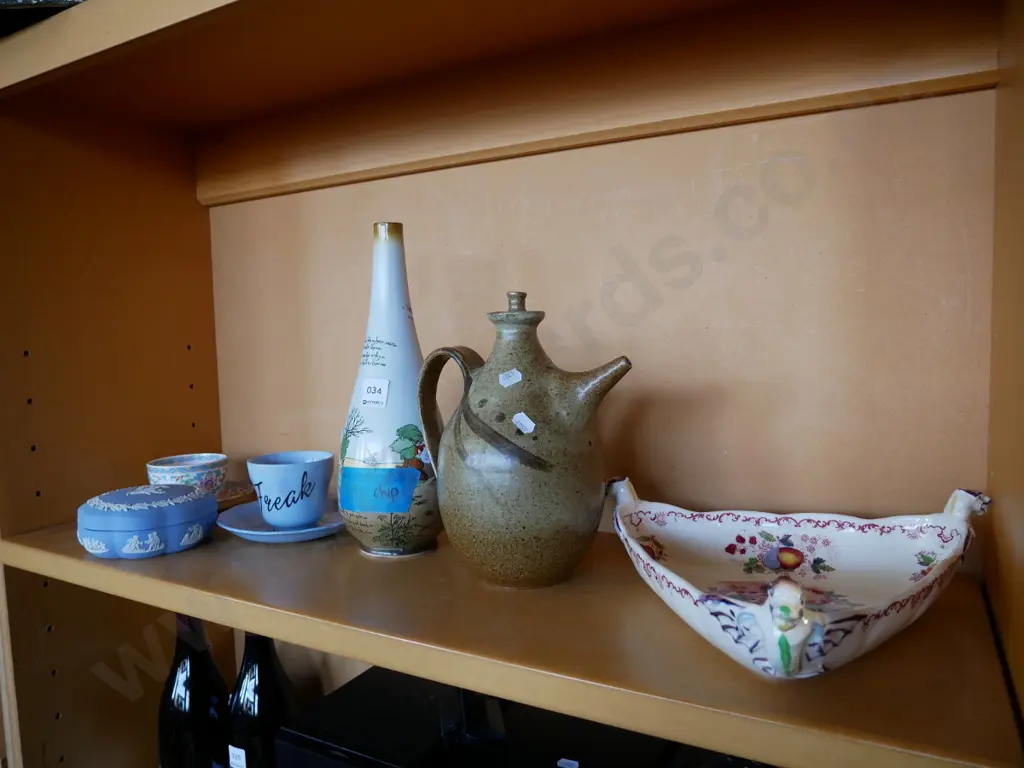 shelf; Burleigh ware jug with chip, studio pottery items Image 1++