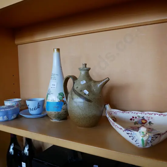 shelf; Burleigh ware jug with chip, studio pottery items