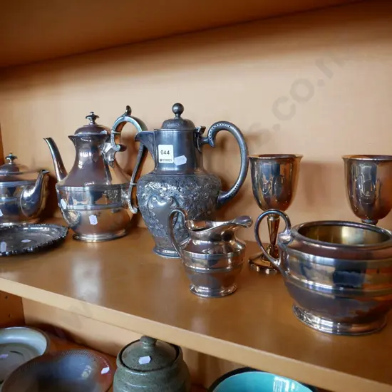 shelf; plated ware, teapots, coffee pots, creamer etc