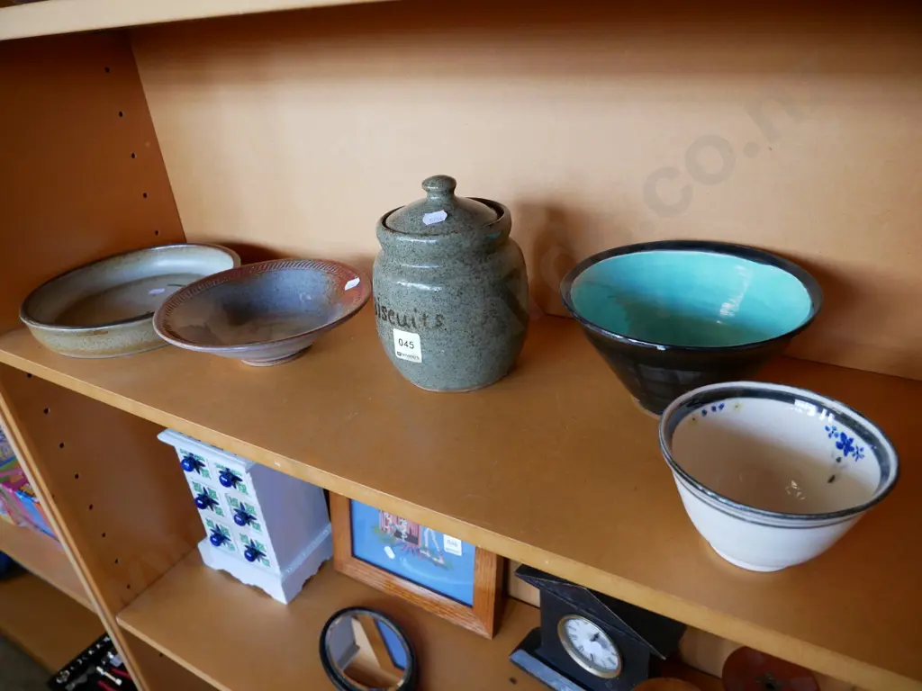 shelf ; studio pottery items, baking dish, lidded canister, etc Image 1++