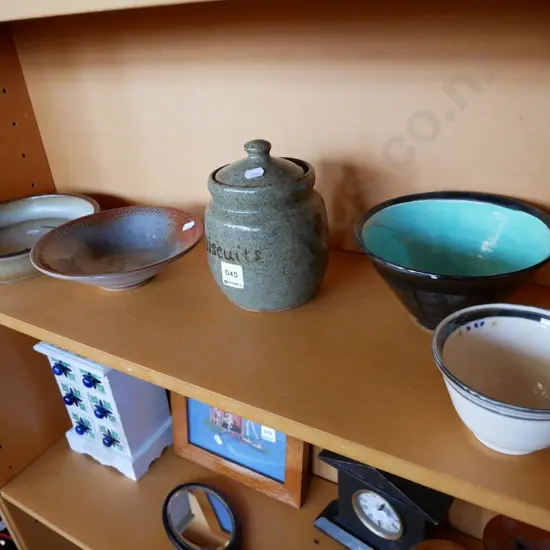 shelf ; studio pottery items, baking dish, lidded canister, etc