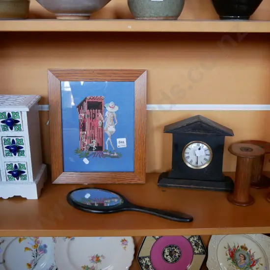 shelf; mantel clock, hand held mirror, jewellery chest H- 250, etc