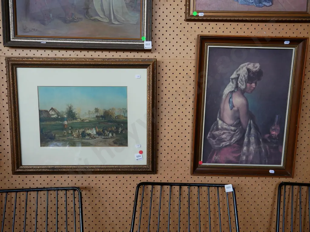  2 framed prints - lady and lantern, and feeding chickens - red dots Image 1++