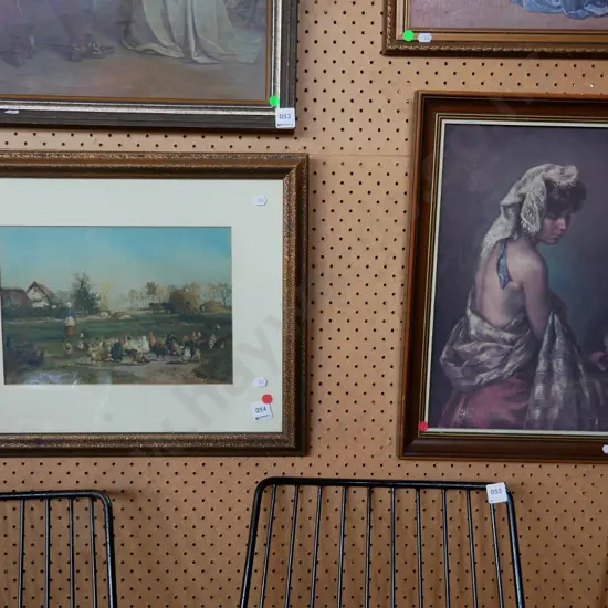  2 framed prints - lady and lantern, and feeding chickens - red dots