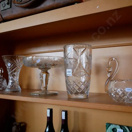 cut crystal comport, vases, swan etc