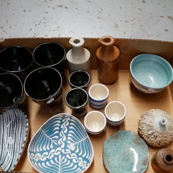 box; studio pottery goblets, ink bottles, Hanmer pottery bowl etc