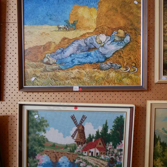 framed van Gogh print and framed needlework - red dots