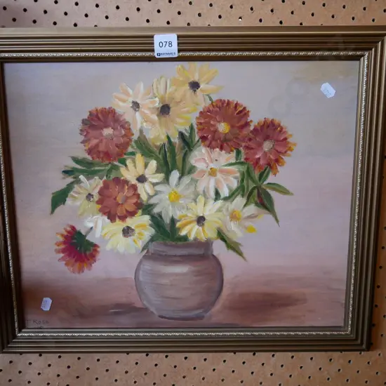 framed oil on board - still life flowers
