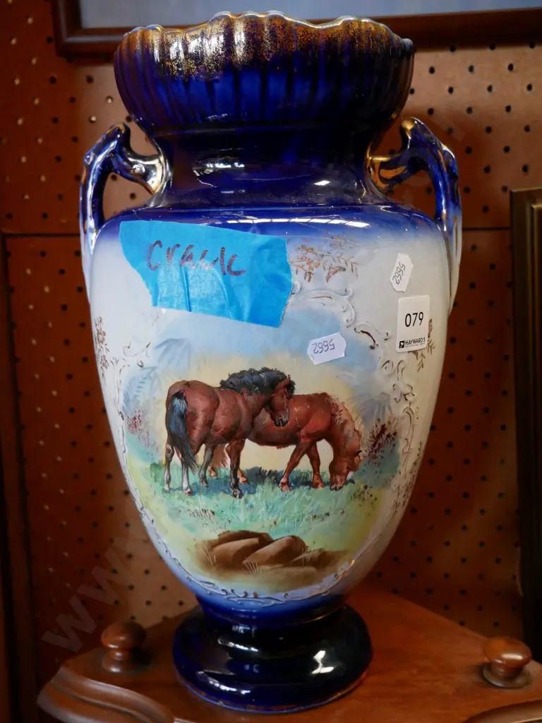 tall Victorian double handled vase, picturing horses, has crack, H - 350, W- 80 Image 1++