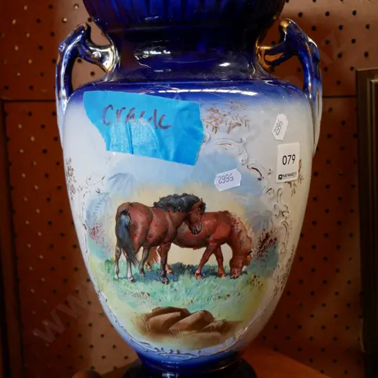tall Victorian double handled vase, picturing horses, has crack, H - 350, W- 80