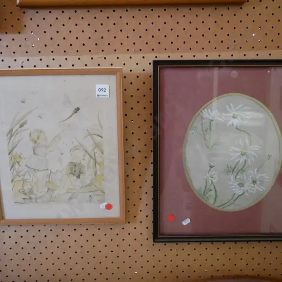 framed children's print and framed pastel - flowers - red dots