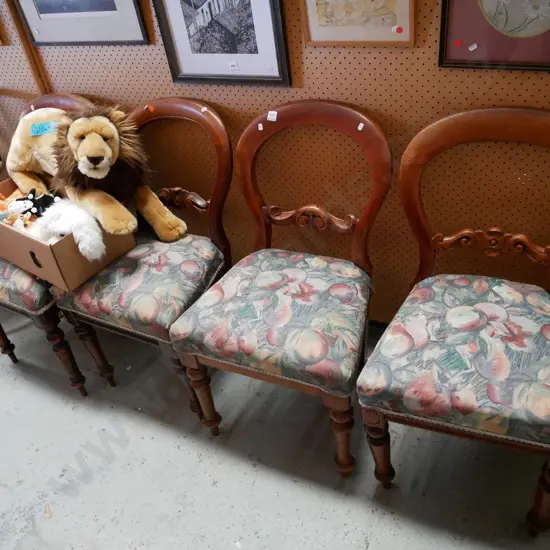 4 Victorian mahogany turned leg, upholstered, balloon back dining chairs