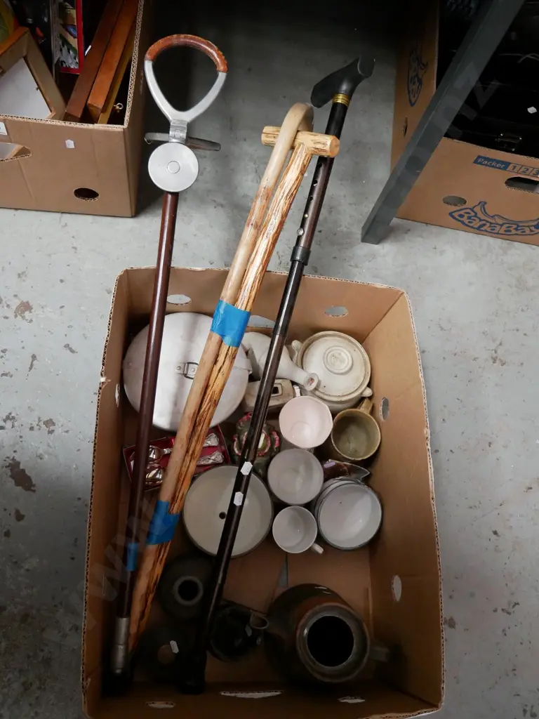  box; shooting stick, walking stick, pudding steamer, cups, etc Image 1++