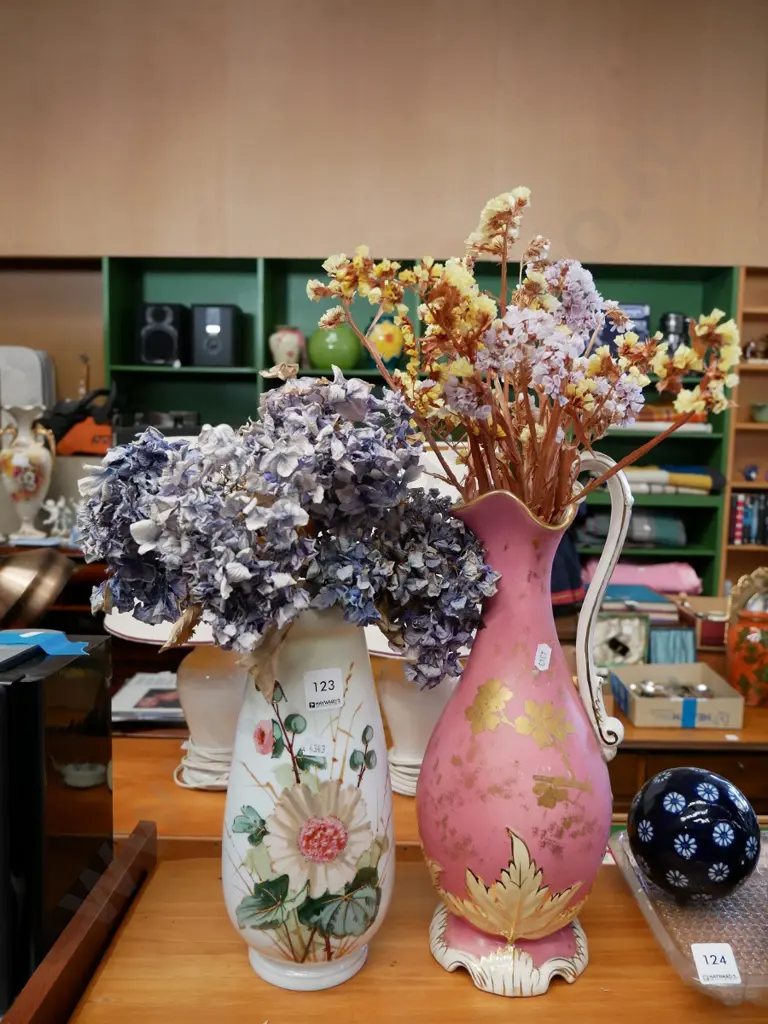 ewer vase, hand painted milk glass vase and dried flowers , tallest H- 360 Image 1++