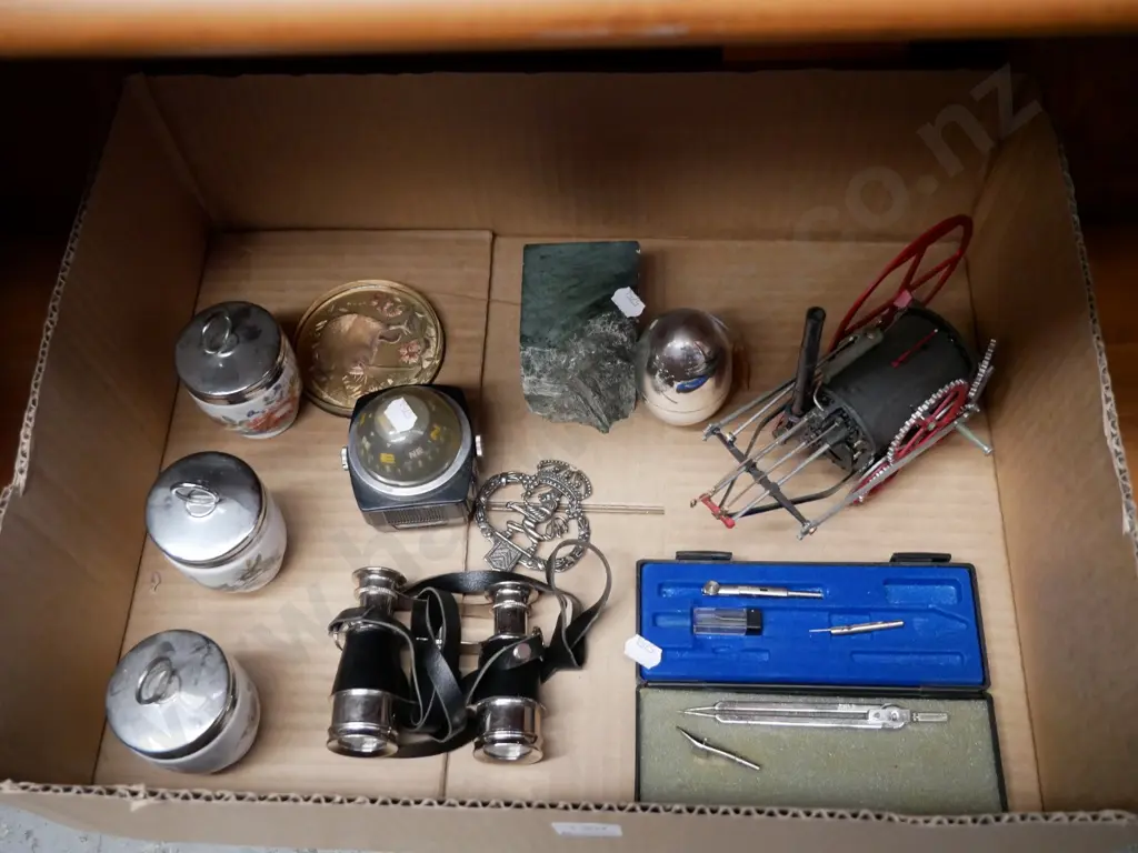 box; plastic model steam engine, binoculars, egg coddler, etc Image 1++