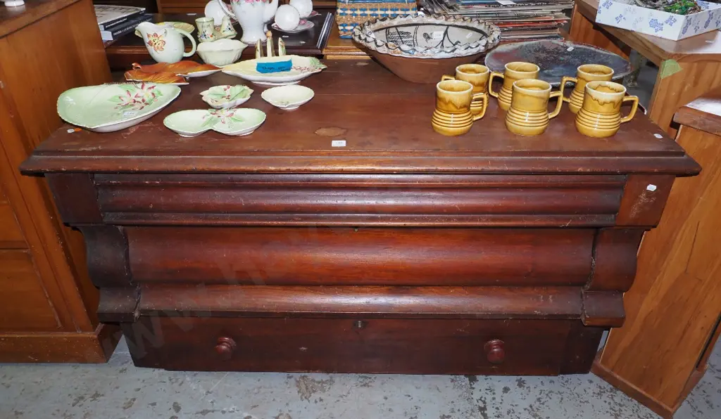 top quarter of a mahogany Scotch chest cut away to make a 3 drawer lowboy - H- 680, W- 1230, D- 590 Image 1++