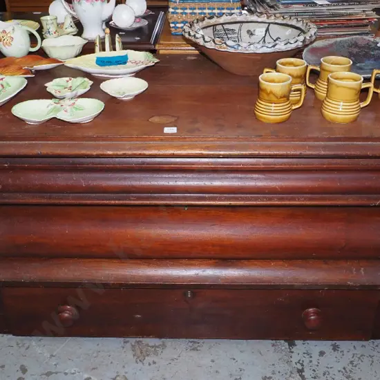 top quarter of a mahogany Scotch chest cut away to make a 3 drawer lowboy - H- 680, W- 1230, D- 590