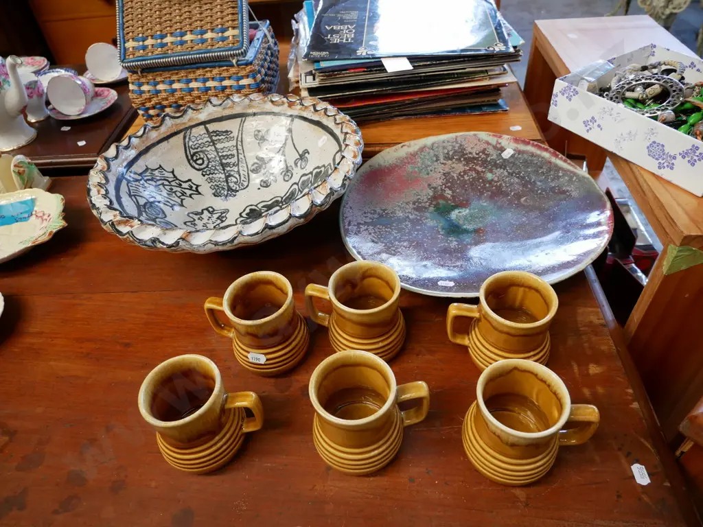 large studio pottery bowl, plates and 6 coffee cups Image 1++