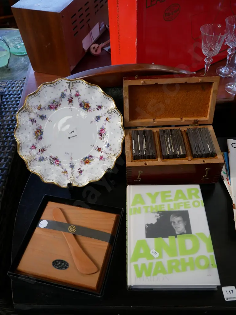 Royal Crown Derby floral bowl, box of magic lantern slides, cheese board and Andy Warhol book Image 1++