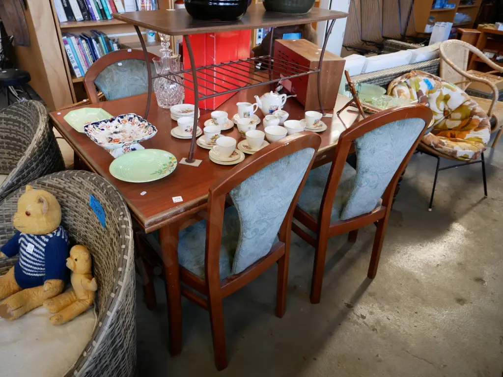 extending formica topped dining table with 4 matching upholstered splat back chairs H- 740, W- 1260 unextended, D- 900 Image 1++