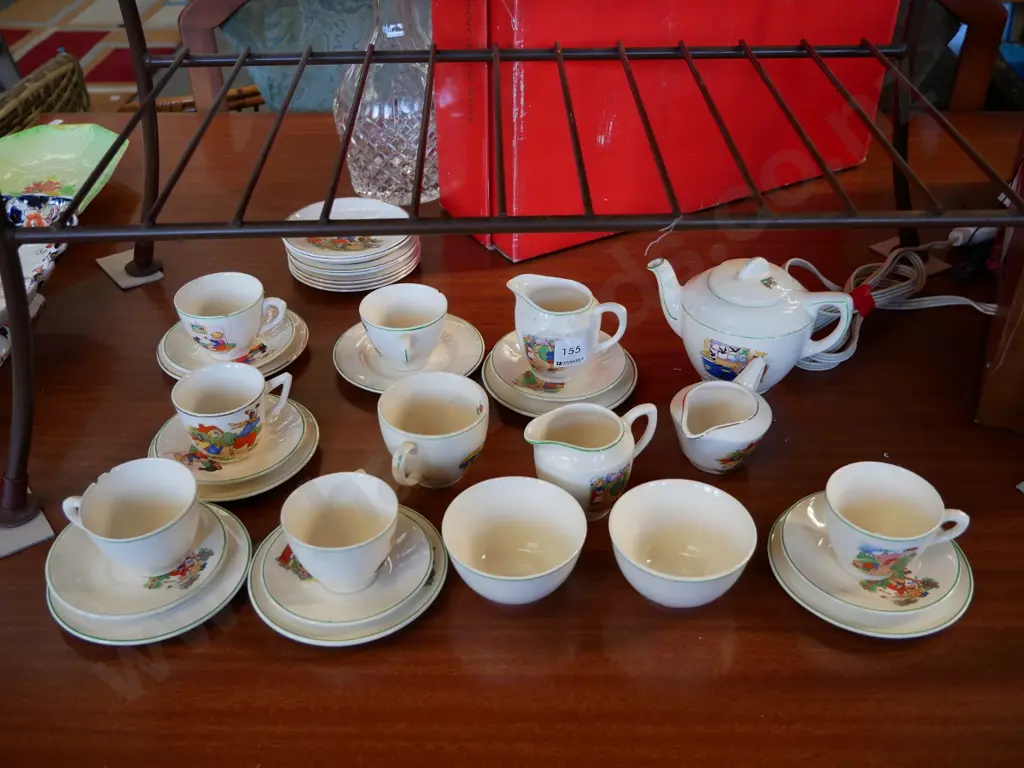 English child's nursery rhyme cups, saucers, creamers and sugars, some chip and cracks Image 1++