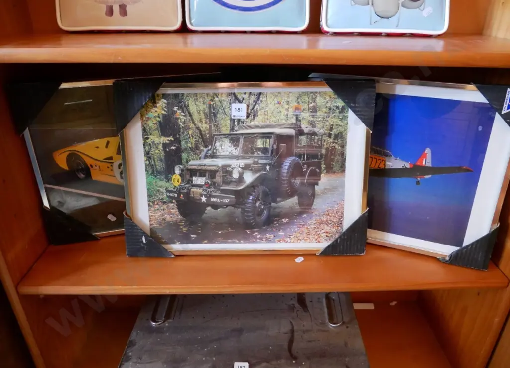 3 framed prints - sports car, Jeep and plane Image 1++