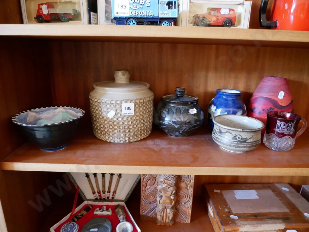 studio pottery lidded canisters, bowls, vase and Coronation glass cup Image 1++